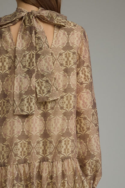 Print Long Sleeve Mini Dress - Ecru