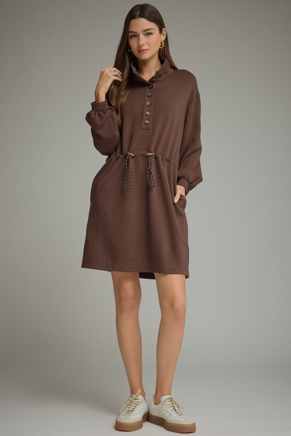 Drawstring Waist Short Dress - Espresso