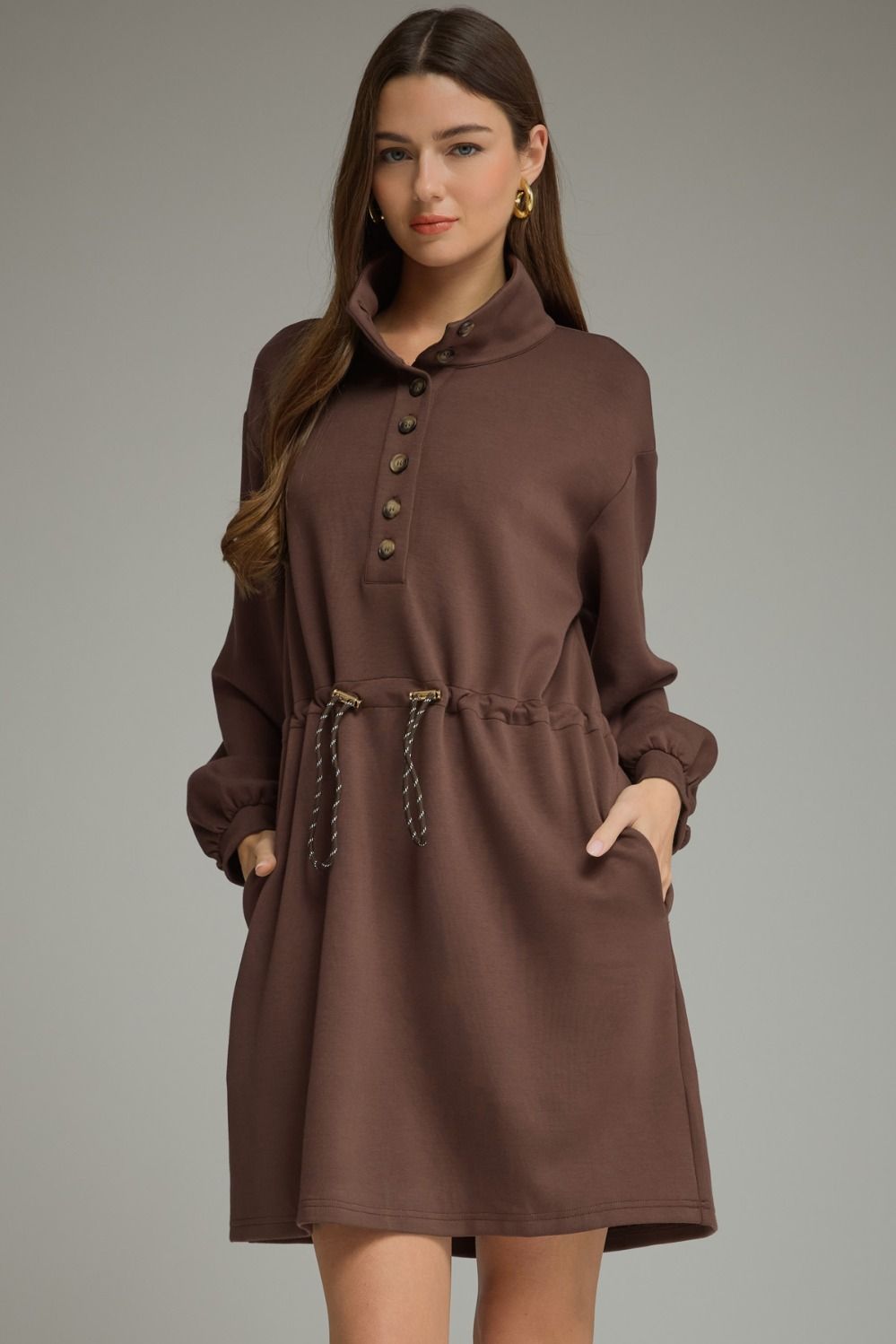 Drawstring Waist Short Dress - Espresso