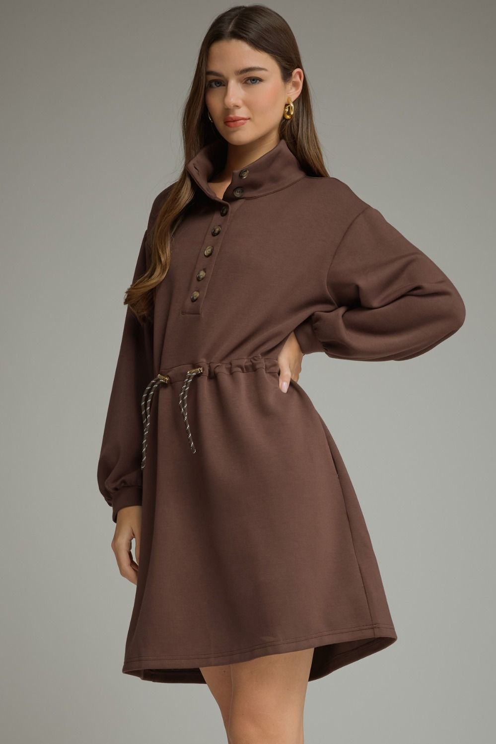 Drawstring Waist Short Dress - Espresso