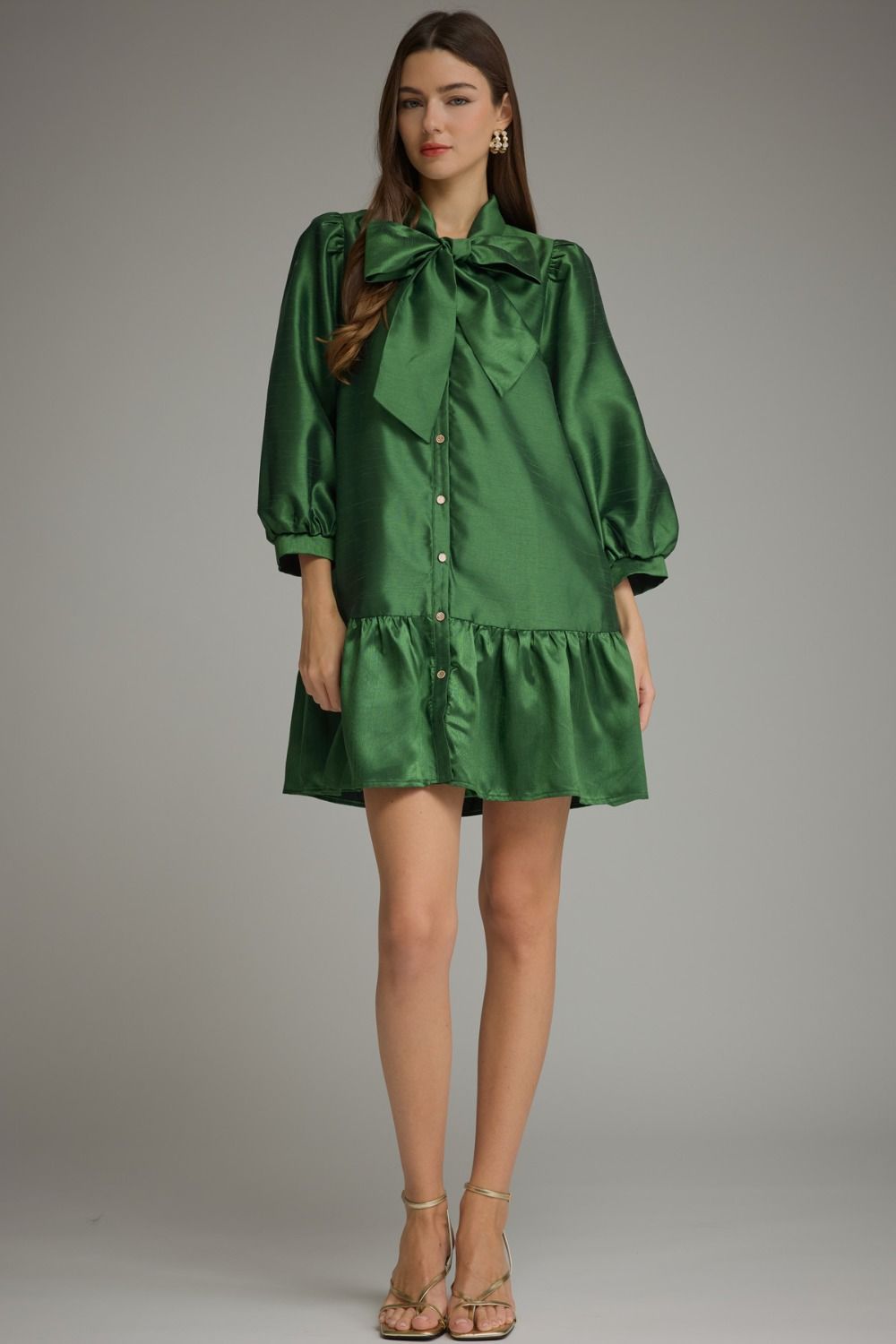 Solid Metallic Balloon Sleeve Mini Dress - Pine