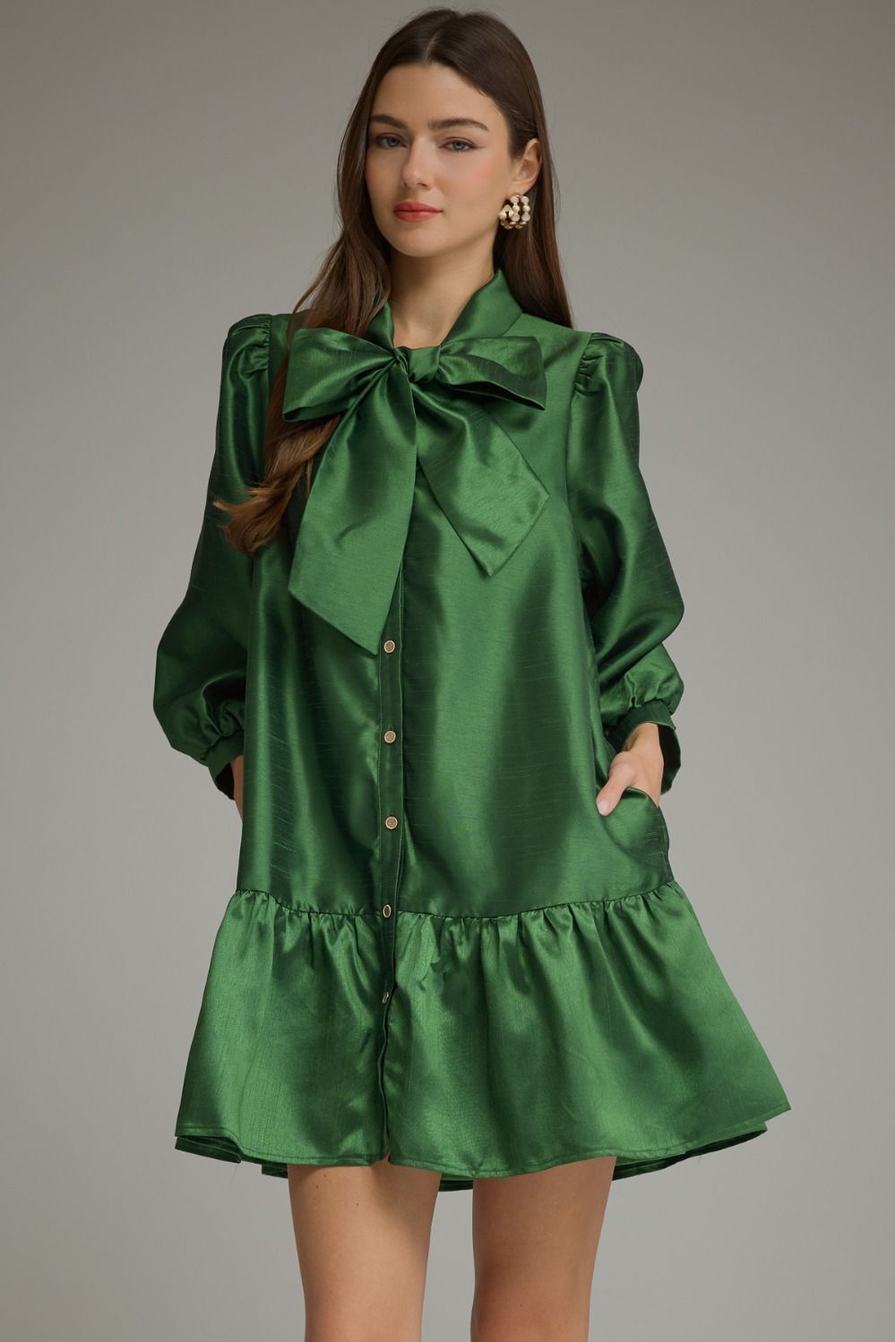Solid Metallic Balloon Sleeve Mini Dress - Pine