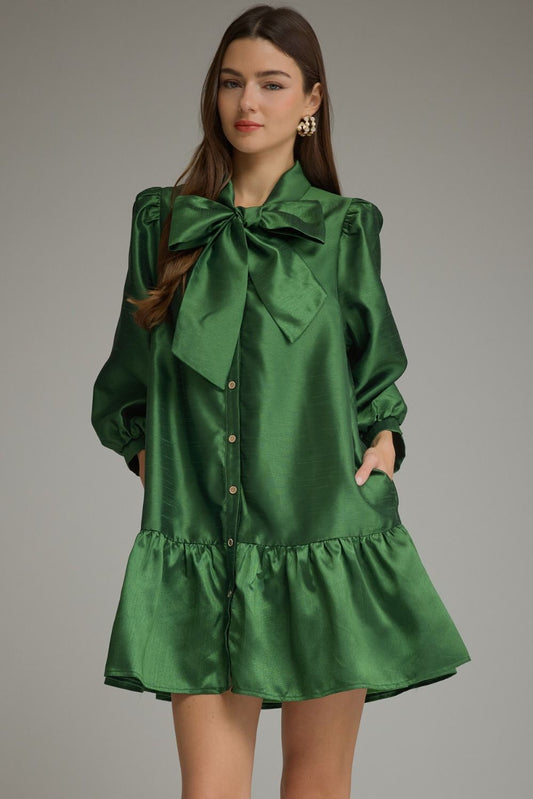Solid Metallic Balloon Sleeve Mini Dress - Pine