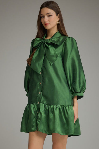 Solid Metallic Balloon Sleeve Mini Dress - Pine