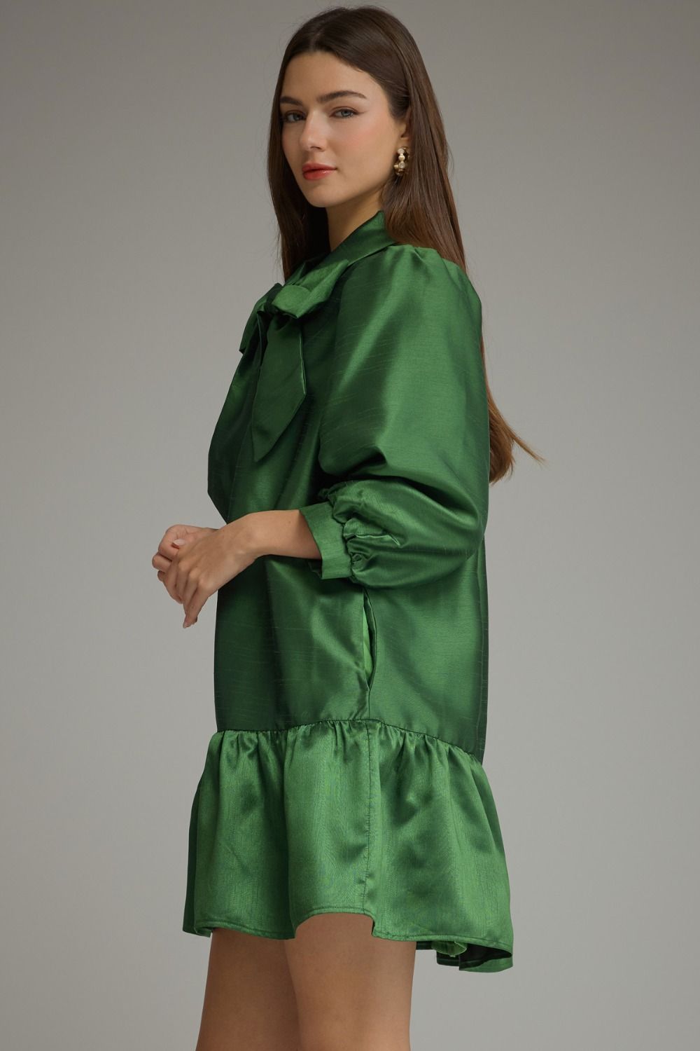 Solid Metallic Balloon Sleeve Mini Dress - Pine