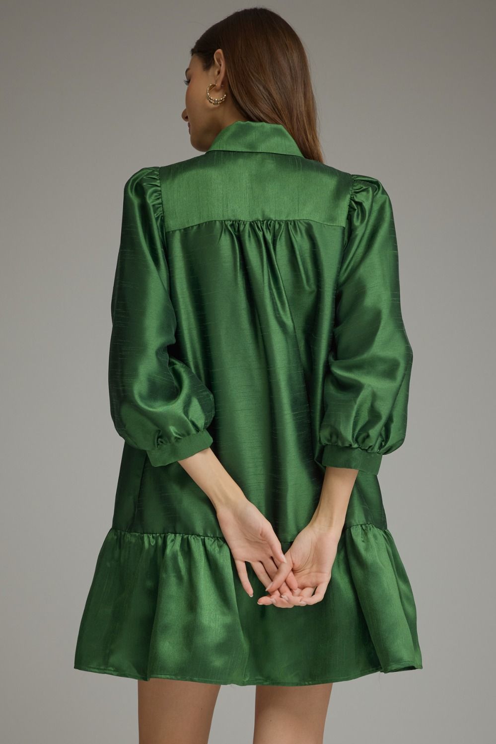 Solid Metallic Balloon Sleeve Mini Dress - Pine