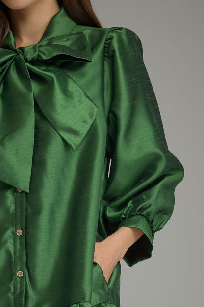 Solid Metallic Balloon Sleeve Mini Dress - Pine