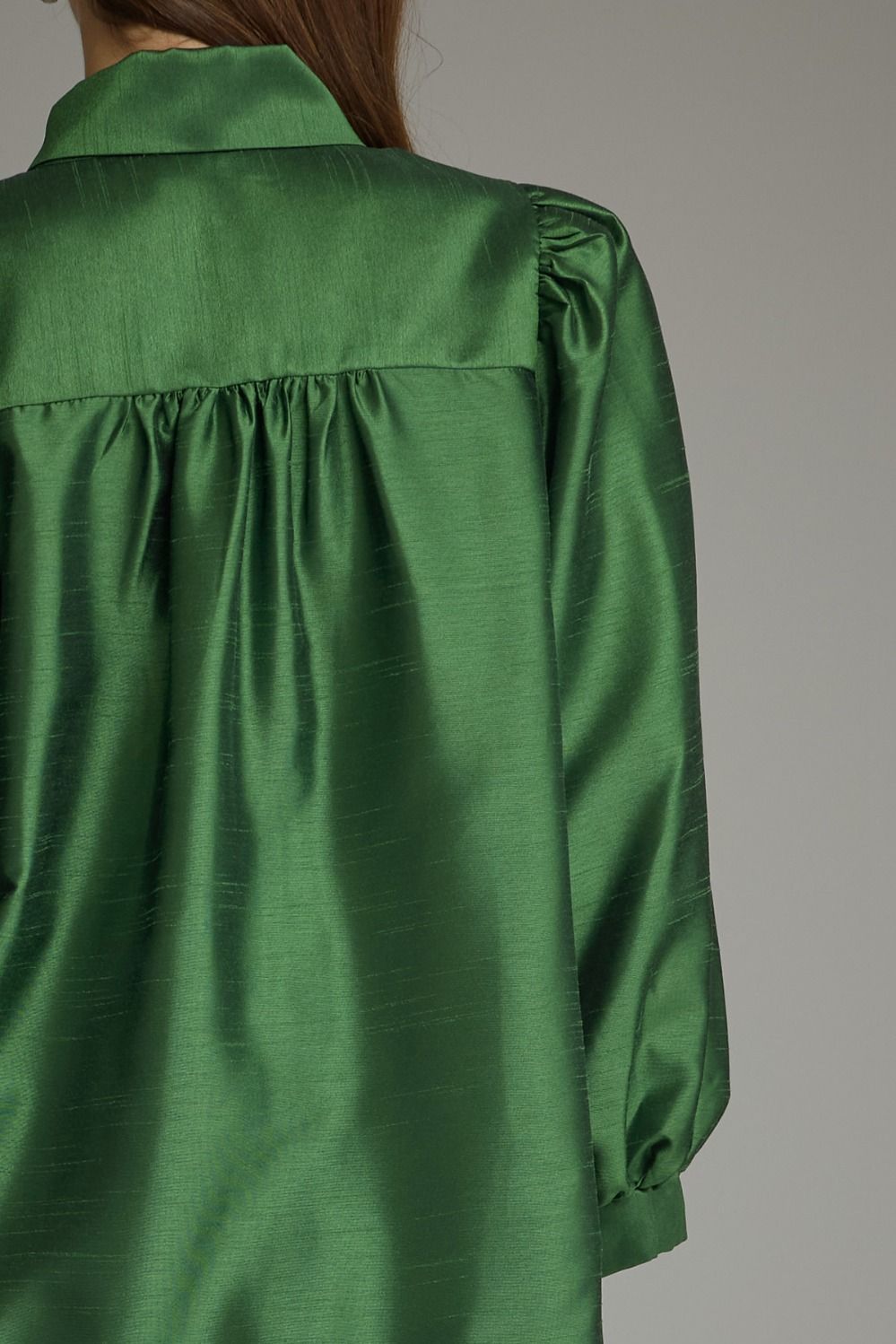 Solid Metallic Balloon Sleeve Mini Dress - Pine