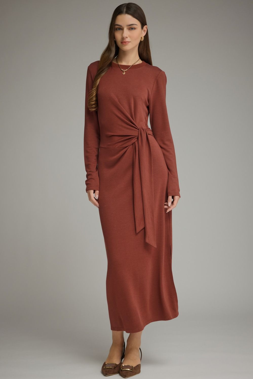 Waist Tie Solid Long Sleeve Midi Dress - Terracotta