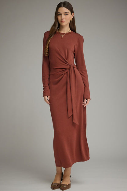 Waist Tie Solid Long Sleeve Midi Dress - Terracotta