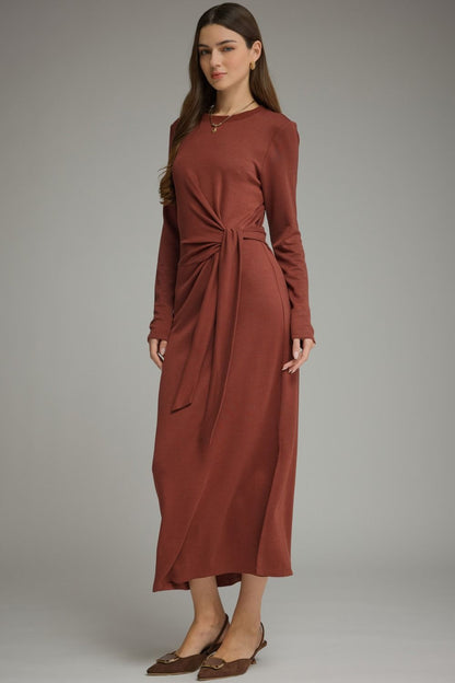 Waist Tie Solid Long Sleeve Midi Dress - Terracotta