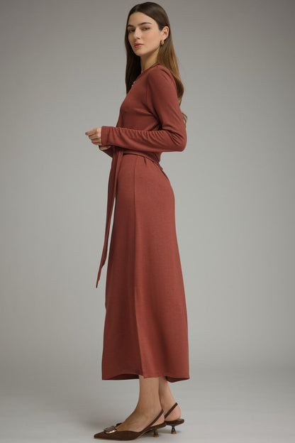 Waist Tie Solid Long Sleeve Midi Dress - Terracotta