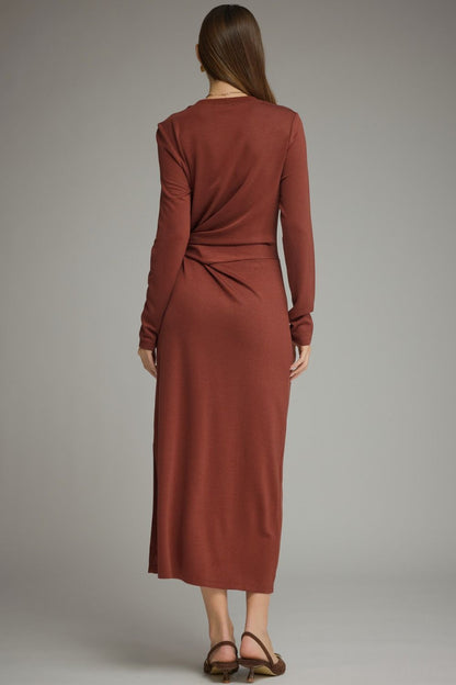 Waist Tie Solid Long Sleeve Midi Dress - Terracotta