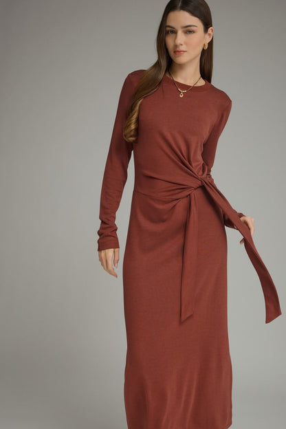 Waist Tie Solid Long Sleeve Midi Dress - Terracotta