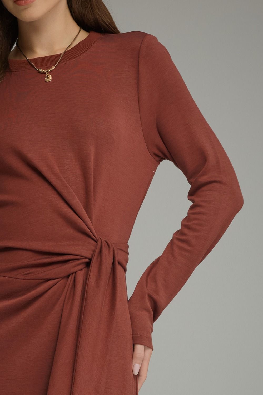 Waist Tie Solid Long Sleeve Midi Dress - Terracotta