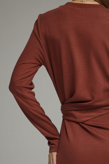 Waist Tie Solid Long Sleeve Midi Dress - Terracotta