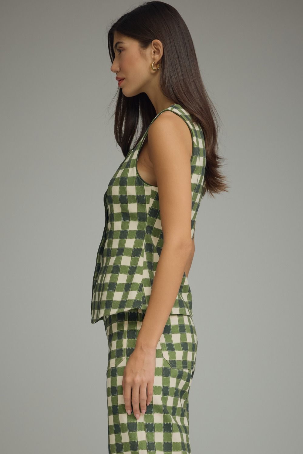 Gingham Sleeveless Jacket - Army