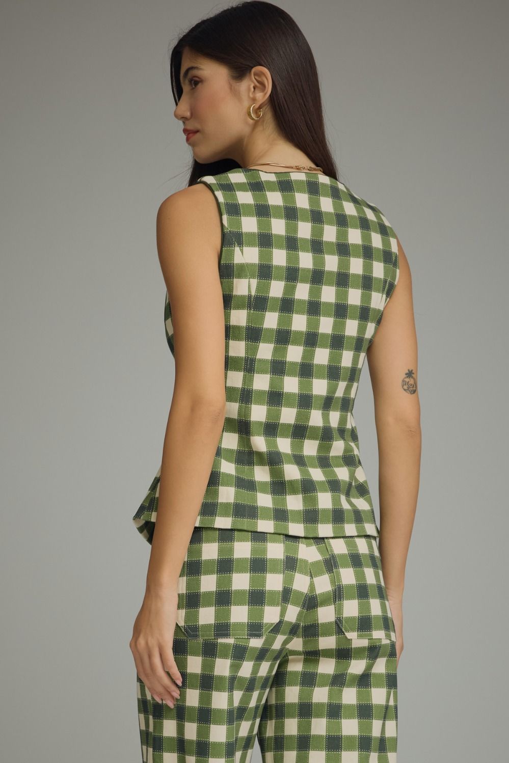 Gingham Sleeveless Jacket - Army