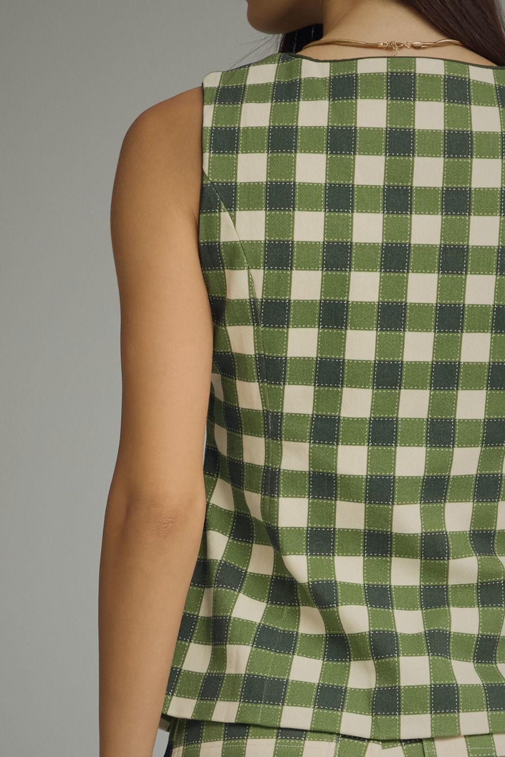 Gingham Sleeveless Jacket - Army