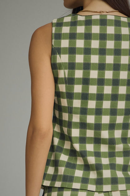 Gingham Sleeveless Jacket - Army