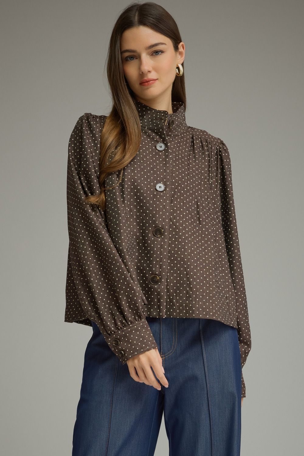 Polka Dot Long Sleeve Jacket - Brown