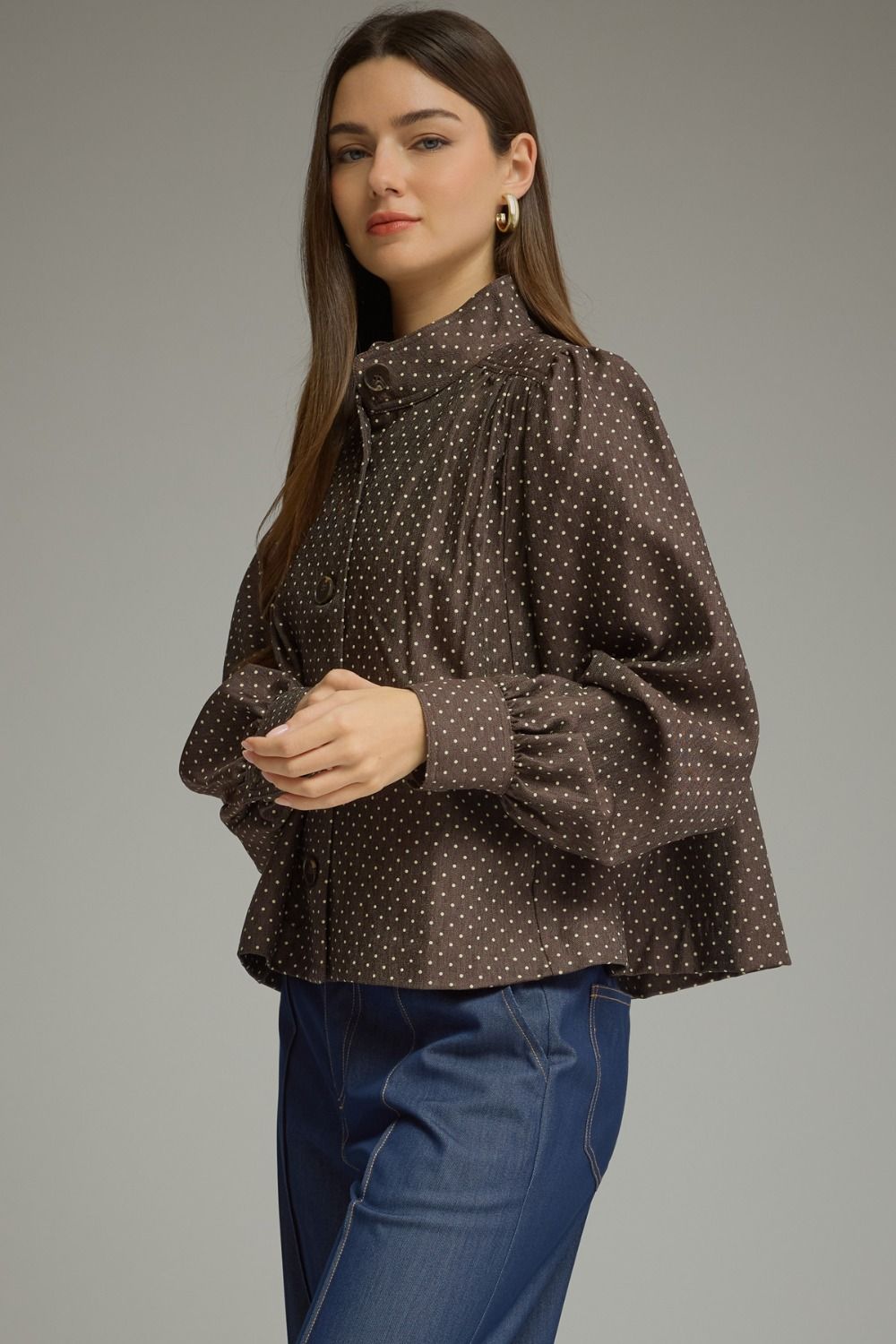 Polka Dot Long Sleeve Jacket - Brown