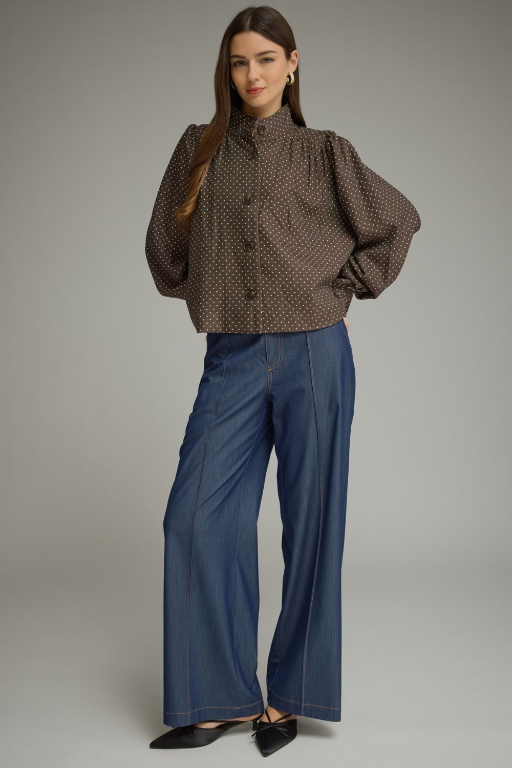 Polka Dot Long Sleeve Jacket - Brown