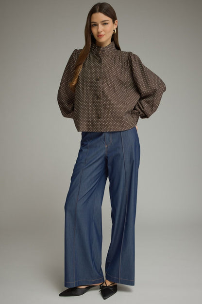 Polka Dot Long Sleeve Jacket - Brown