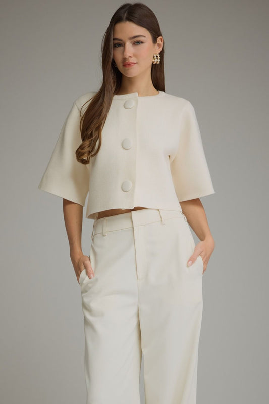 Solid Short Sleeve Sweater Jacket - Cream