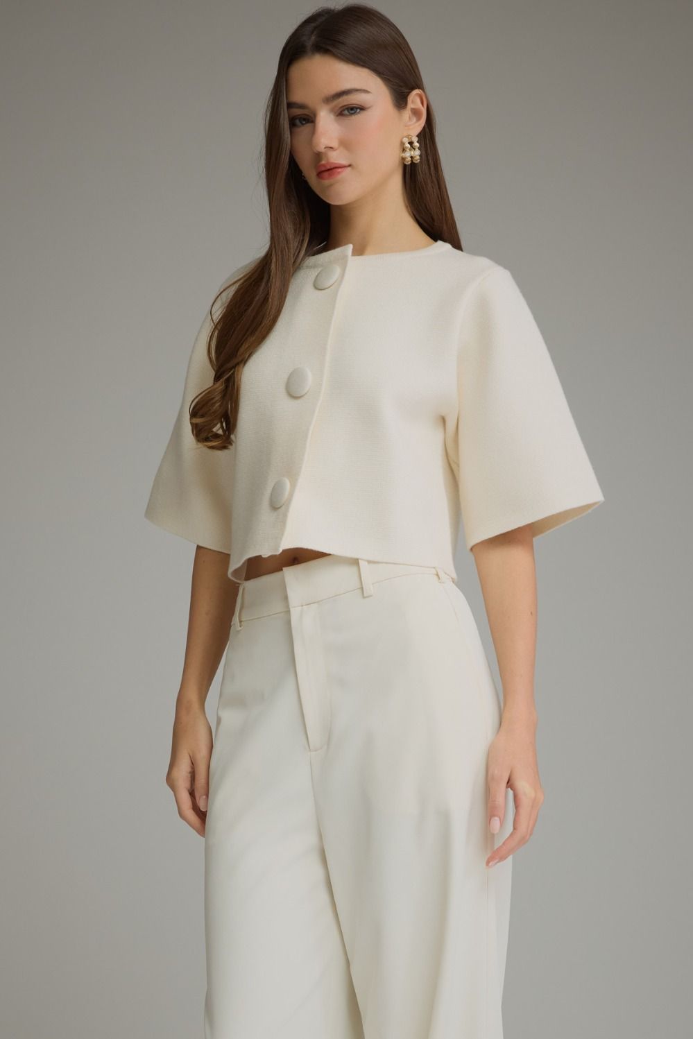 Solid Short Sleeve Sweater Jacket - Cream