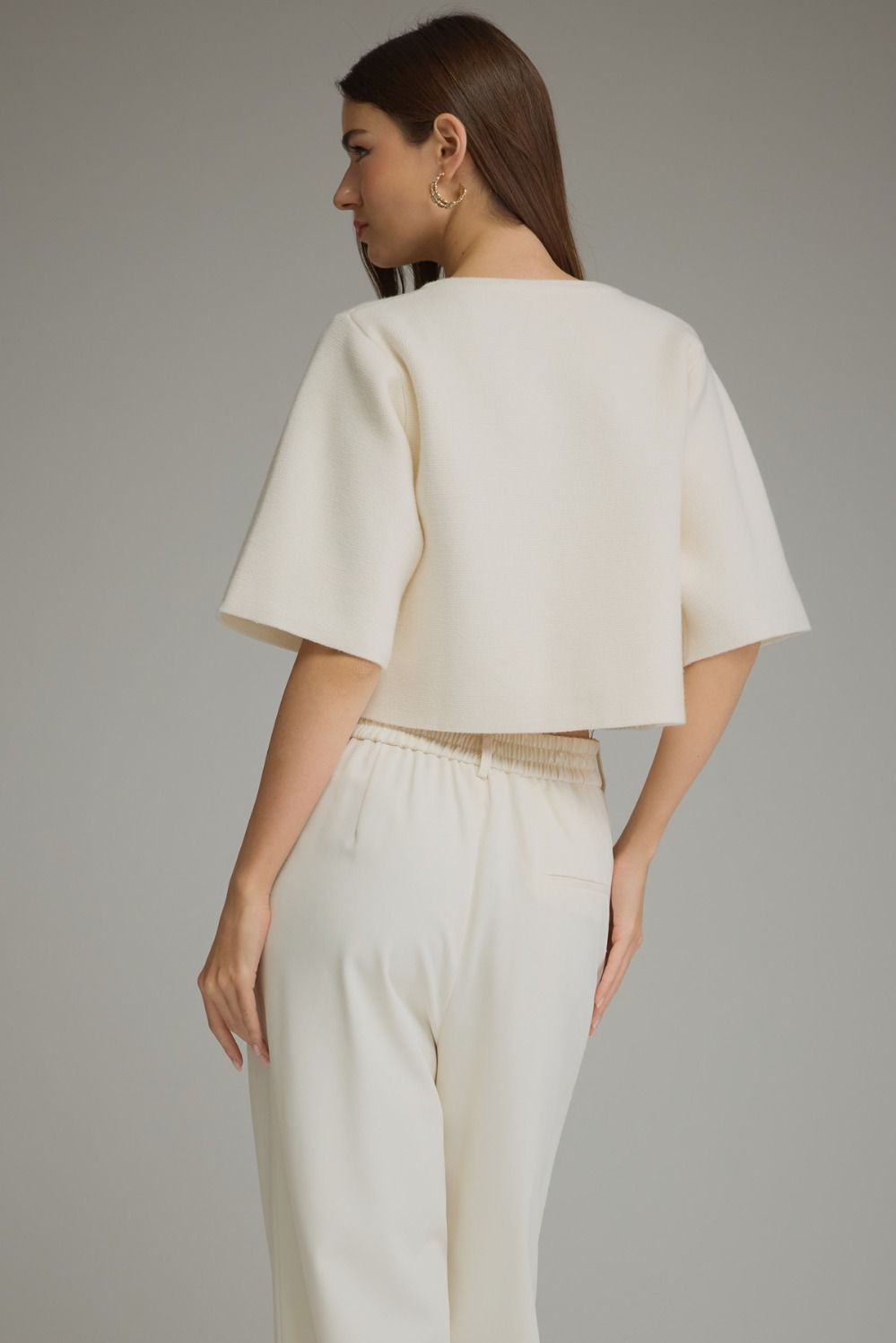 Solid Short Sleeve Sweater Jacket - Cream