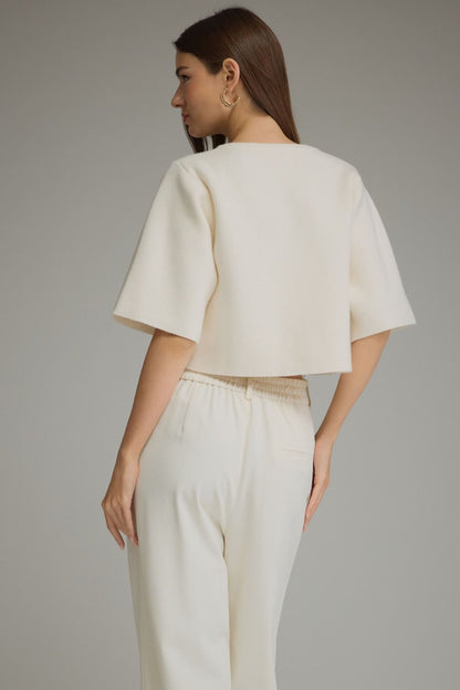 Solid Short Sleeve Sweater Jacket - Cream