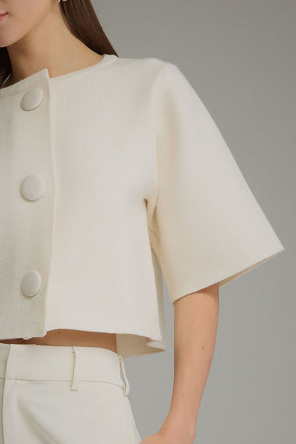Solid Short Sleeve Sweater Jacket - Cream