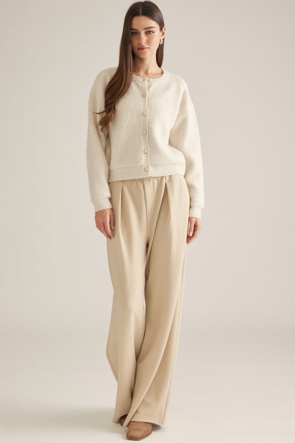 Round Neckline Solid Knit Jacket - Ecru
