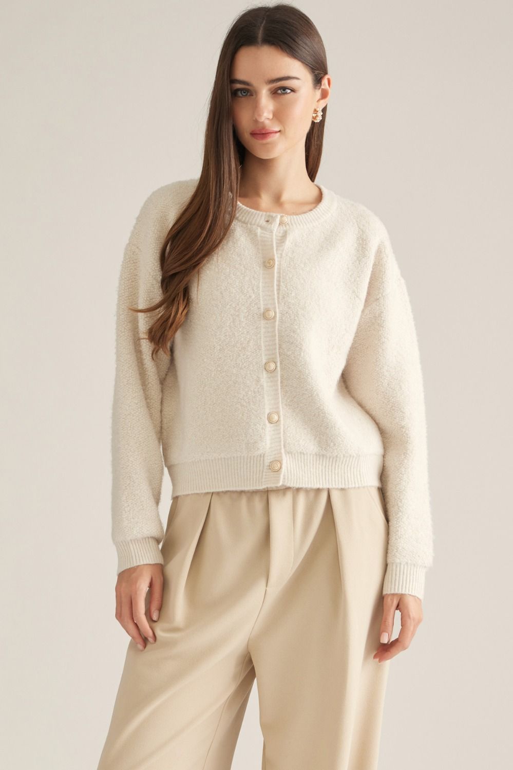 Round Neckline Solid Knit Jacket - Ecru
