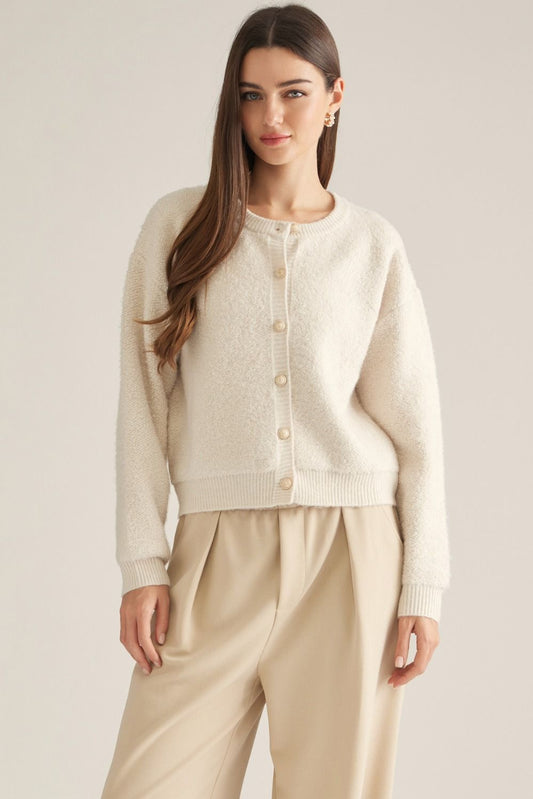 Round Neckline Solid Knit Jacket - Ecru