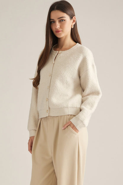 Round Neckline Solid Knit Jacket - Ecru
