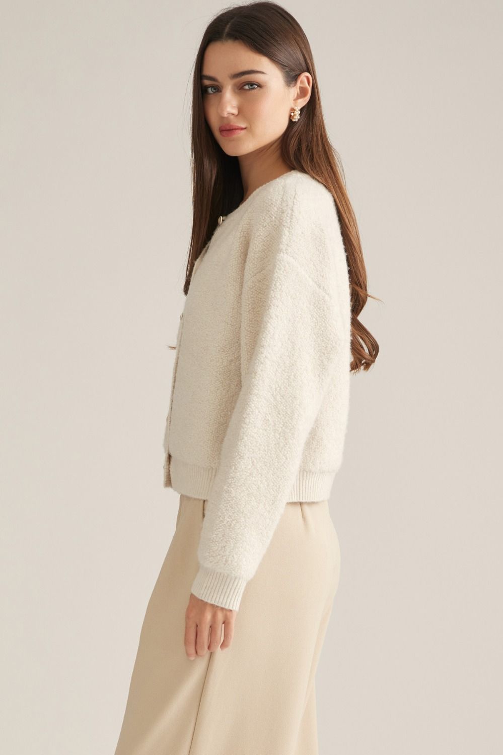 Round Neckline Solid Knit Jacket - Ecru