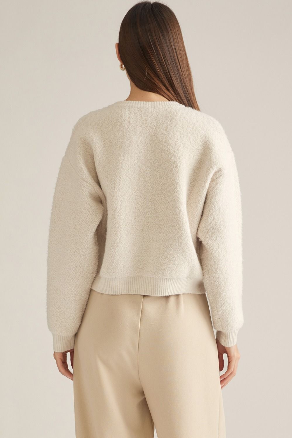 Round Neckline Solid Knit Jacket - Ecru