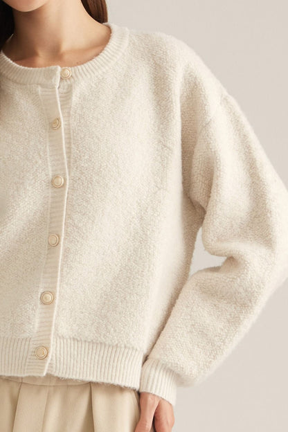 Round Neckline Solid Knit Jacket - Ecru