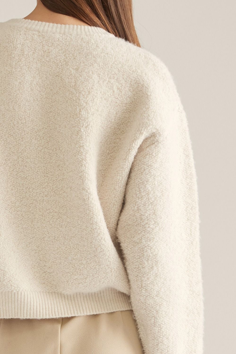 Round Neckline Solid Knit Jacket - Ecru