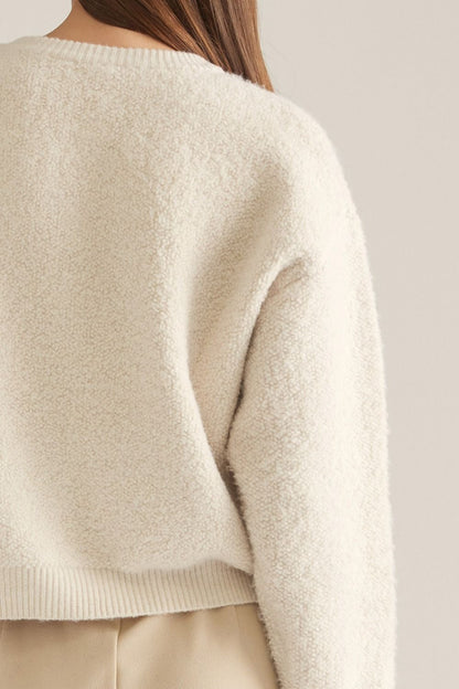 Round Neckline Solid Knit Jacket - Ecru