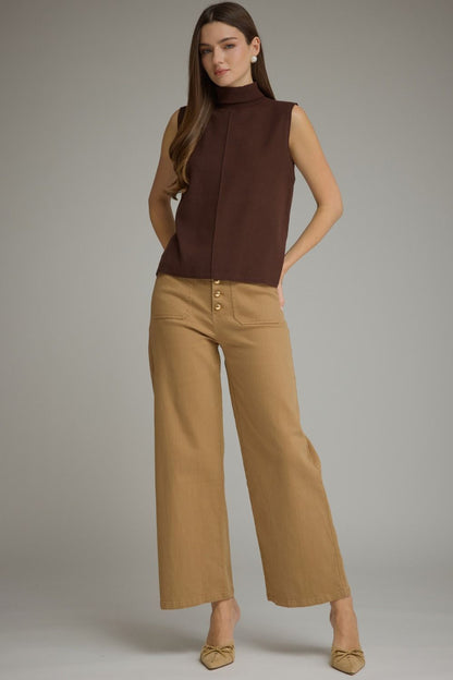 Sleeveless Center Seam Turtleneck Top - Brown