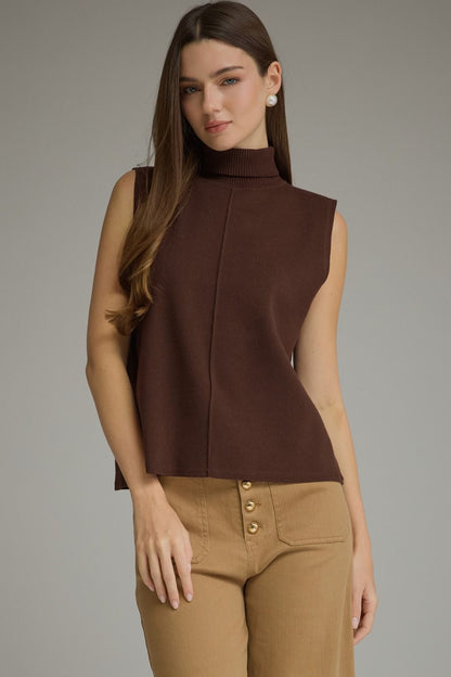 Sleeveless Center Seam Turtleneck Top - Brown