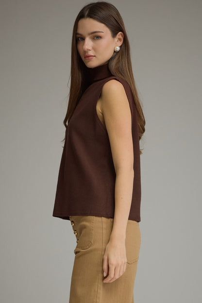 Sleeveless Center Seam Turtleneck Top - Brown