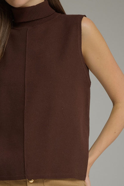 Sleeveless Center Seam Turtleneck Top - Brown