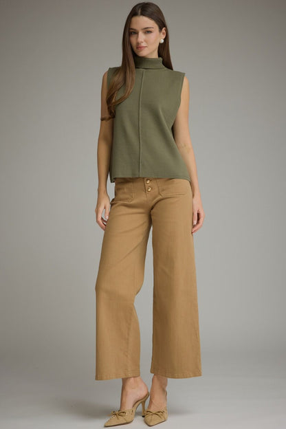Sleeveless Center Seam Turtleneck Top - Olive