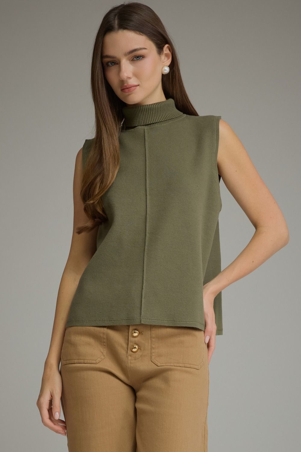 Sleeveless Center Seam Turtleneck Top - Olive