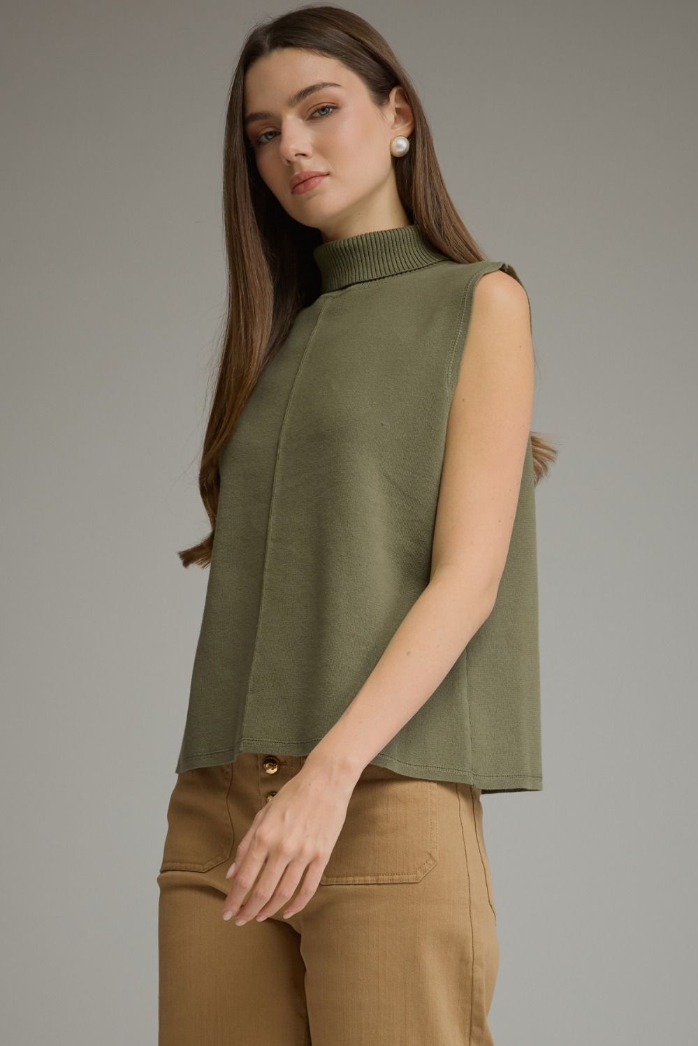 Sleeveless Center Seam Turtleneck Top - Olive
