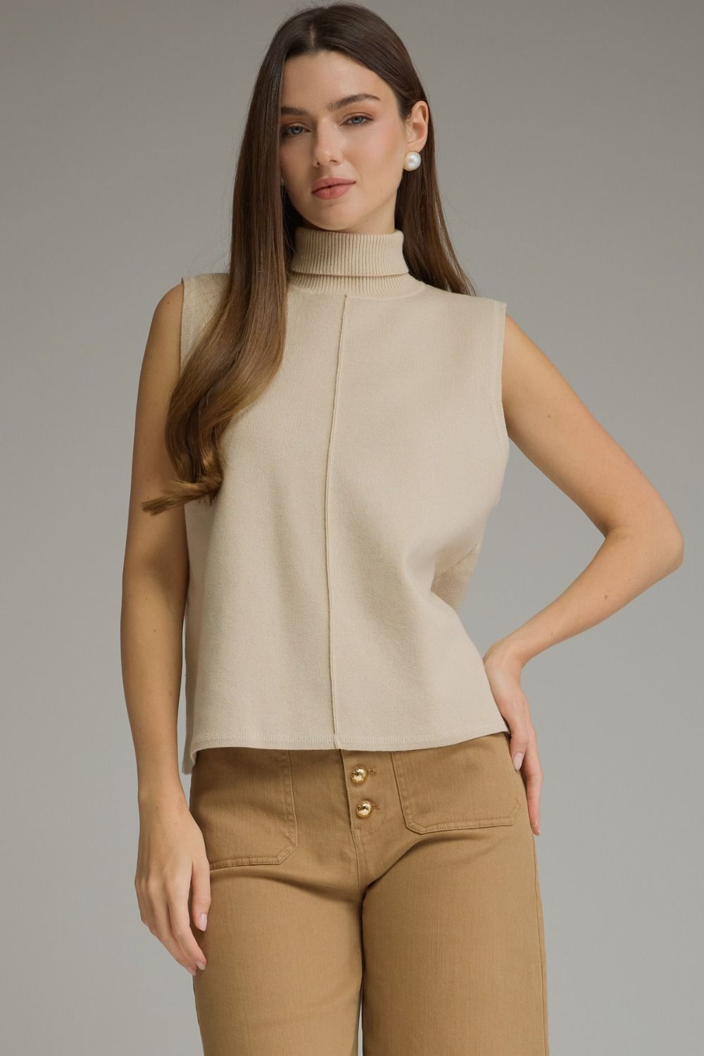 Sleeveless Center Seam Turtleneck Top - Ecru